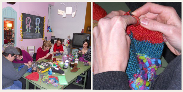 Beginning knitters work on finishing their hat projects