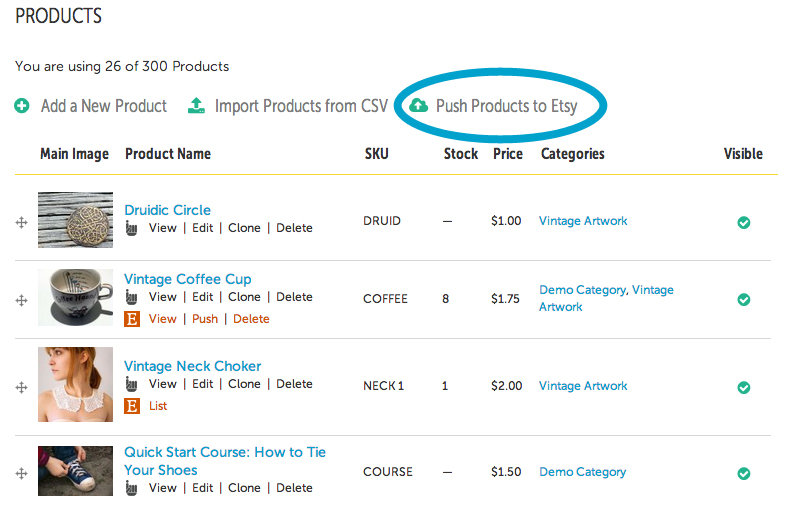 Push products to Etsy