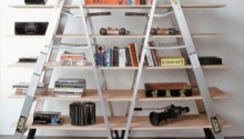 Stepladders can be repurposed as shelving for your home studio.